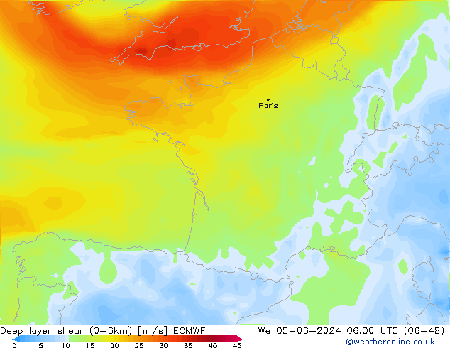 Deep layer shear (0-6km) ECMWF Mi 05.06.2024 06 UTC