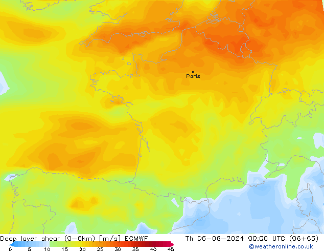 Deep layer shear (0-6km) ECMWF Qui 06.06.2024 00 UTC