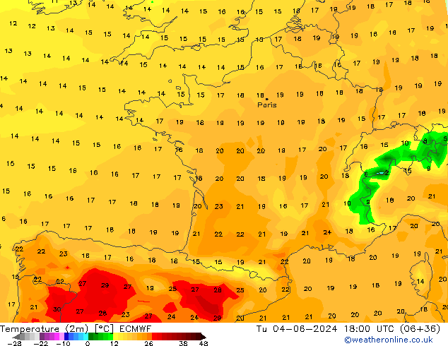 mapa temperatury (2m) ECMWF wto. 04.06.2024 18 UTC