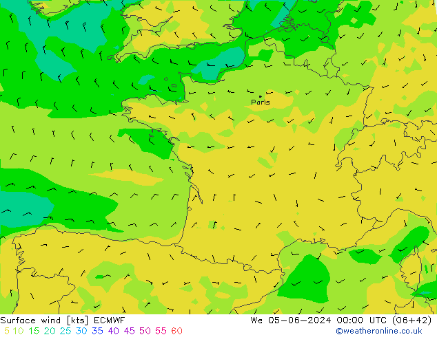 wiatr 10 m ECMWF śro. 05.06.2024 00 UTC