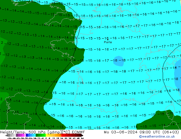 Height/Temp. 500 hPa ECMWF Mo 03.06.2024 09 UTC