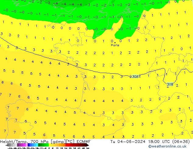 Height/Temp. 700 hPa ECMWF Tu 04.06.2024 18 UTC