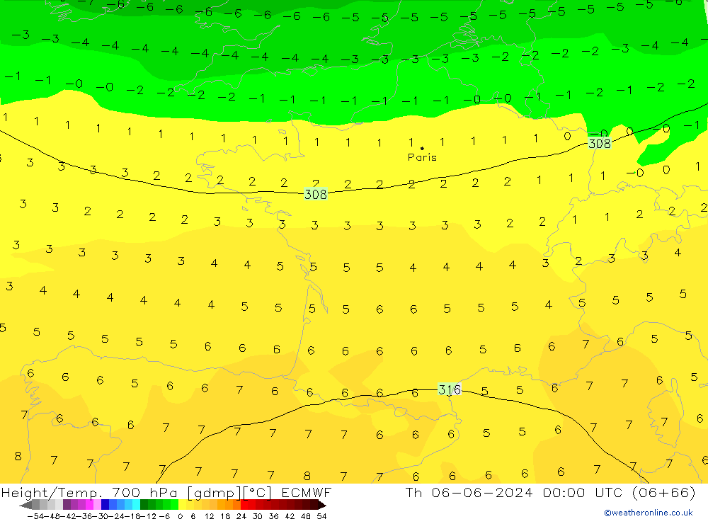 Height/Temp. 700 hPa ECMWF Čt 06.06.2024 00 UTC