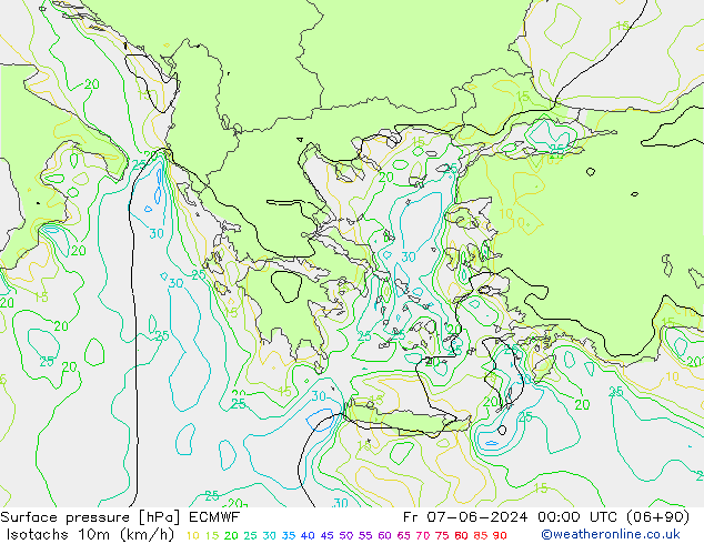 Isotachs (kph) ECMWF  07.06.2024 00 UTC