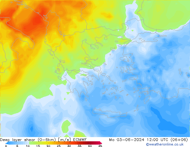 Deep layer shear (0-6km) ECMWF Mo 03.06.2024 12 UTC