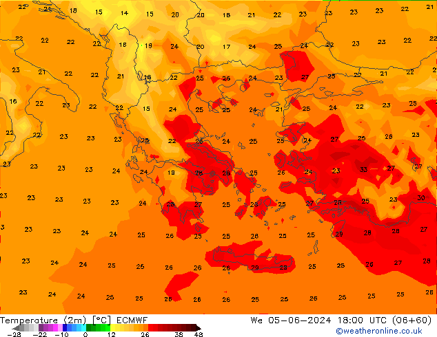 Temperatura (2m) ECMWF mer 05.06.2024 18 UTC