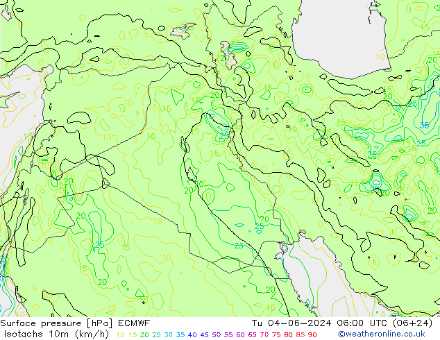 Isotachs (kph) ECMWF  04.06.2024 06 UTC