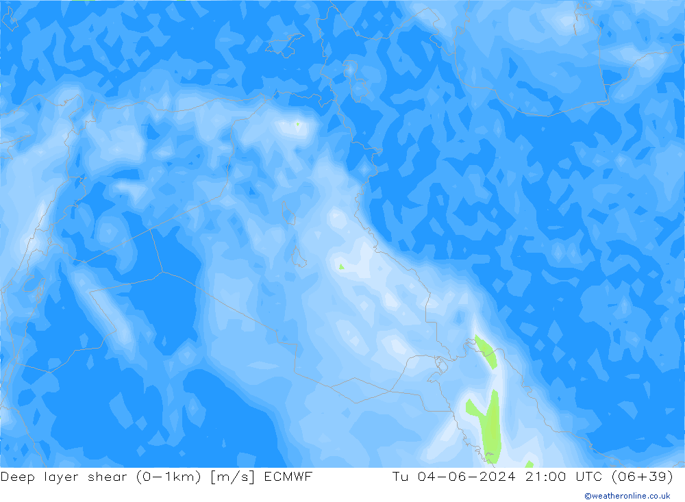 Deep layer shear (0-1km) ECMWF mar 04.06.2024 21 UTC