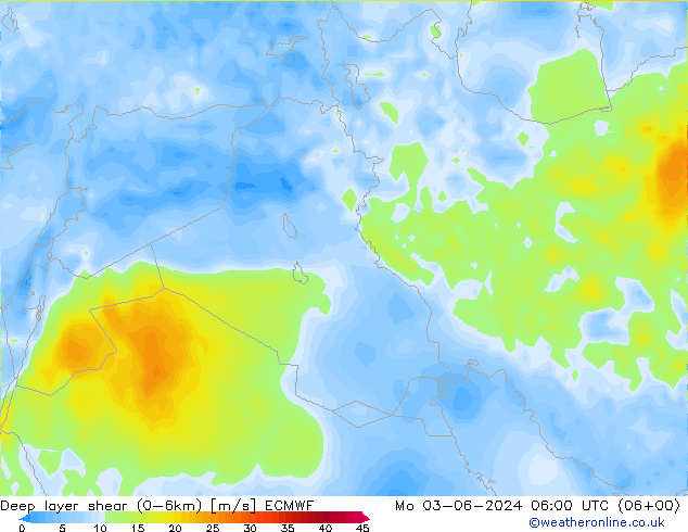 Deep layer shear (0-6km) ECMWF  03.06.2024 06 UTC