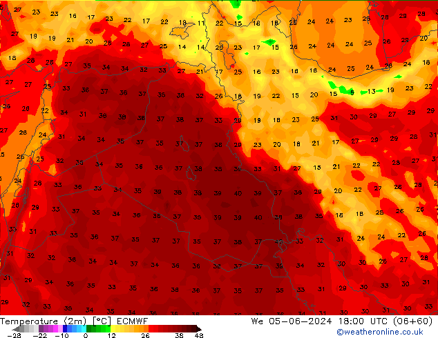 Temperatura (2m) ECMWF mié 05.06.2024 18 UTC