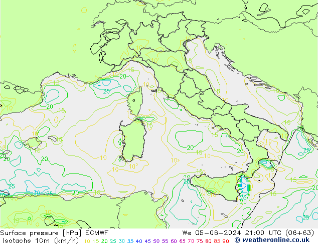 Isotachs (kph) ECMWF Qua 05.06.2024 21 UTC