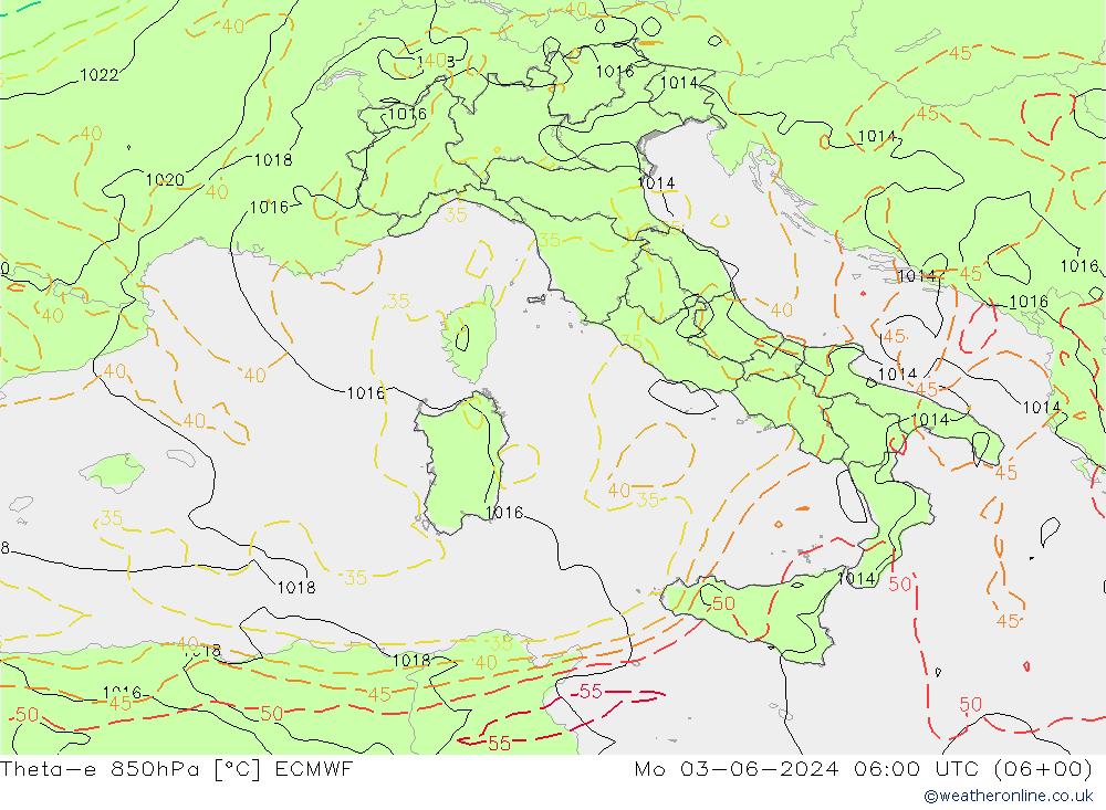 Theta-e 850hPa ECMWF Seg 03.06.2024 06 UTC