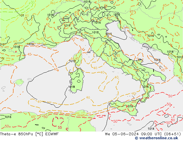 Theta-e 850hPa ECMWF mer 05.06.2024 09 UTC