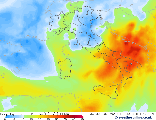 Deep layer shear (0-6km) ECMWF Mo 03.06.2024 06 UTC