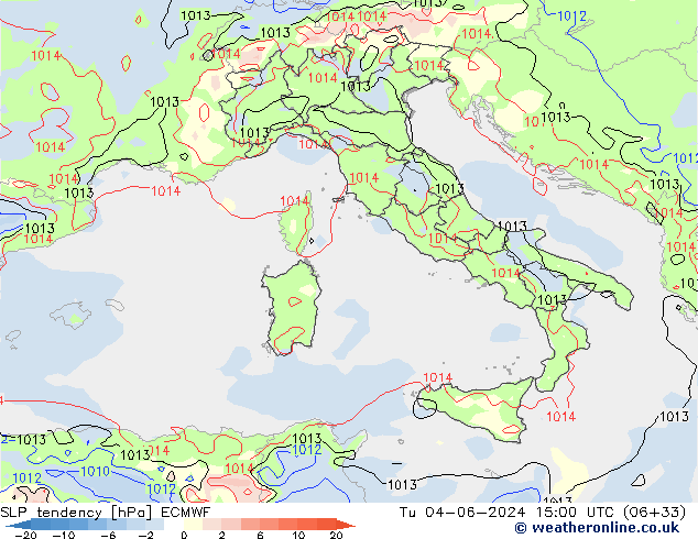 SLP tendency ECMWF Tu 04.06.2024 15 UTC