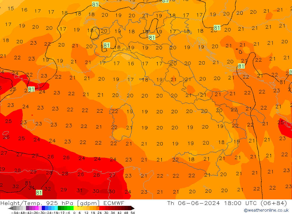 Yükseklik/Sıc. 925 hPa ECMWF Per 06.06.2024 18 UTC