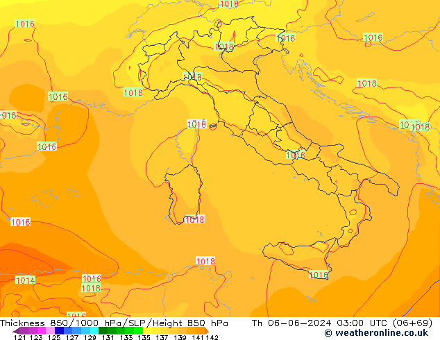 Espesor 850-1000 hPa ECMWF jue 06.06.2024 03 UTC