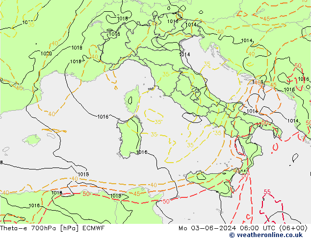 Theta-e 700hPa ECMWF Seg 03.06.2024 06 UTC