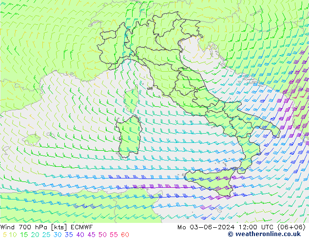 Wind 700 hPa ECMWF Po 03.06.2024 12 UTC