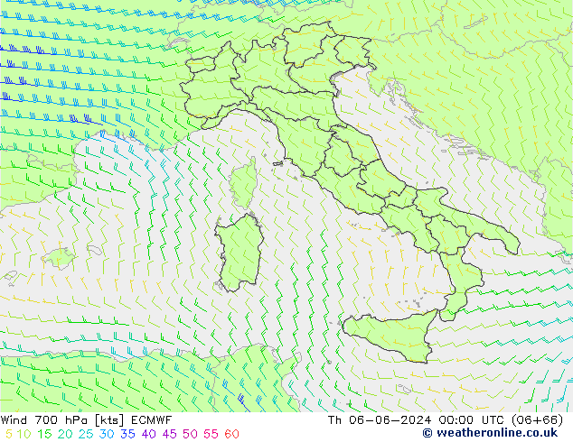 Vento 700 hPa ECMWF gio 06.06.2024 00 UTC