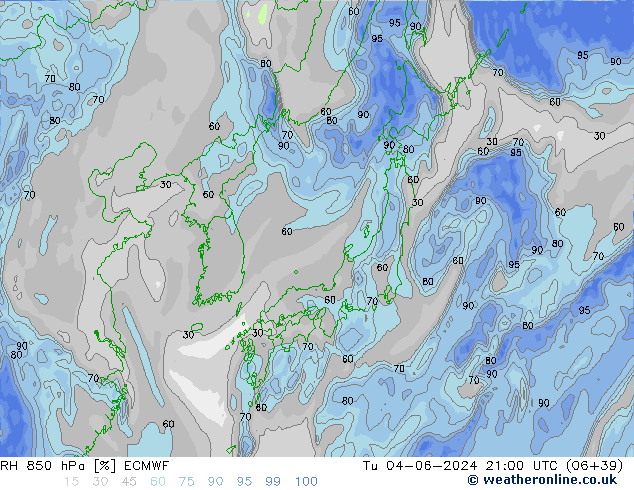 RH 850 hPa ECMWF Út 04.06.2024 21 UTC