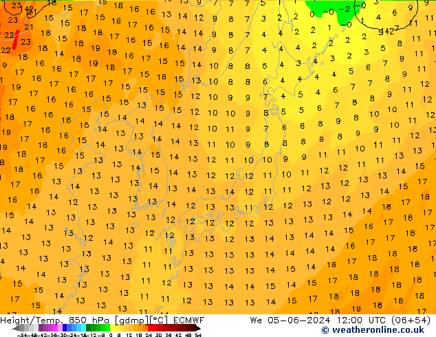 Height/Temp. 850 hPa ECMWF mer 05.06.2024 12 UTC