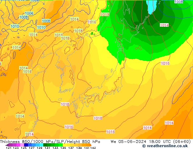 Espesor 850-1000 hPa ECMWF mié 05.06.2024 18 UTC