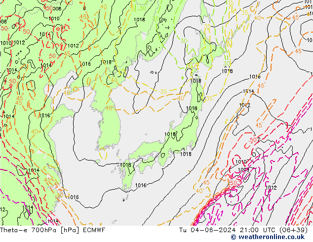 Theta-e 700гПа ECMWF вт 04.06.2024 21 UTC