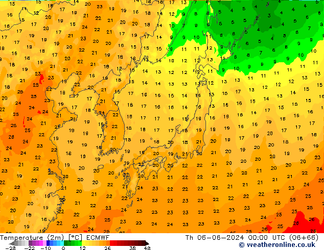 Temperatura (2m) ECMWF jue 06.06.2024 00 UTC