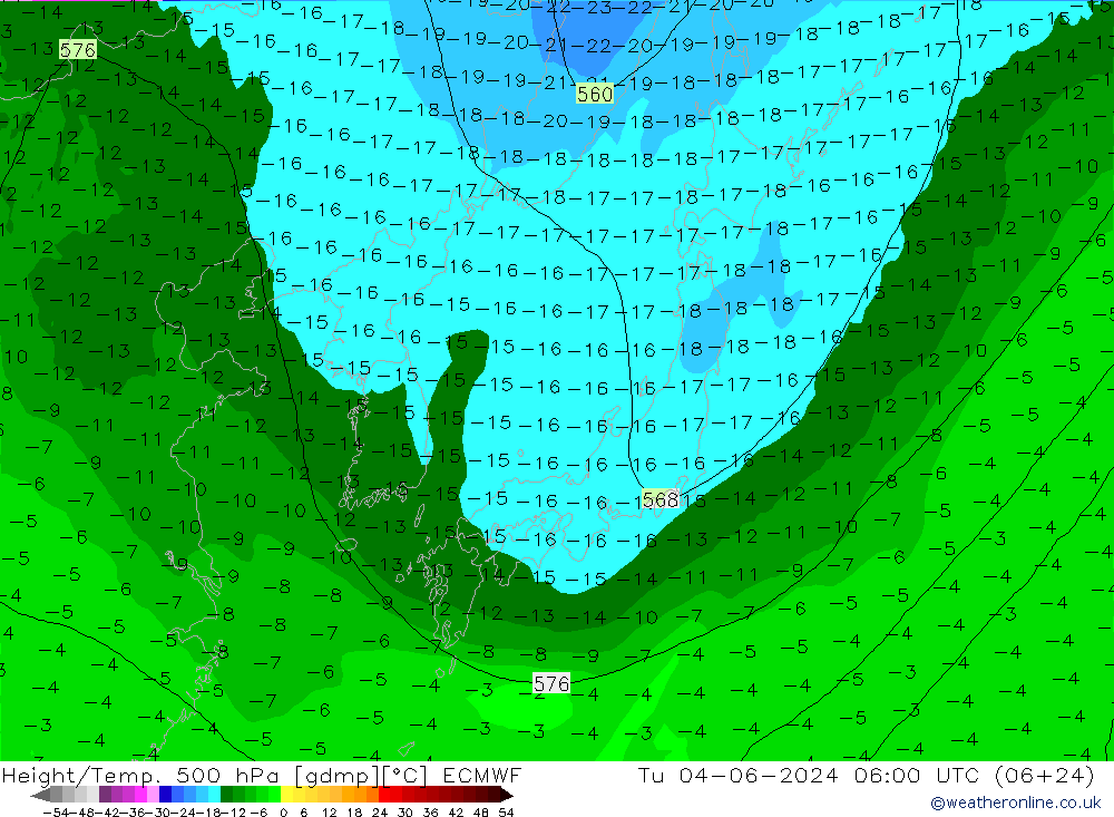 Z500/Rain (+SLP)/Z850 ECMWF wto. 04.06.2024 06 UTC