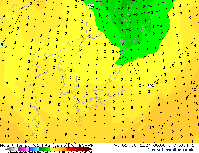 Géop./Temp. 700 hPa ECMWF mer 05.06.2024 00 UTC