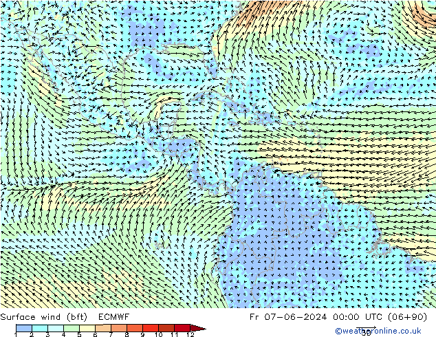 Surface wind (bft) ECMWF Pá 07.06.2024 00 UTC
