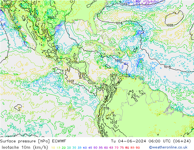 Isotachen (km/h) ECMWF Di 04.06.2024 06 UTC