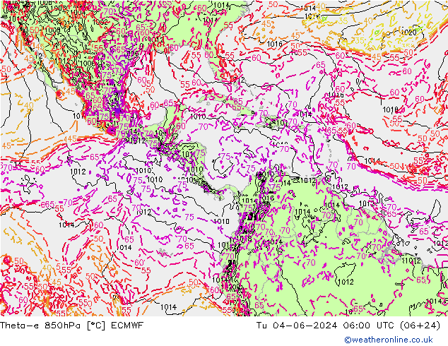 Theta-e 850hPa ECMWF wto. 04.06.2024 06 UTC