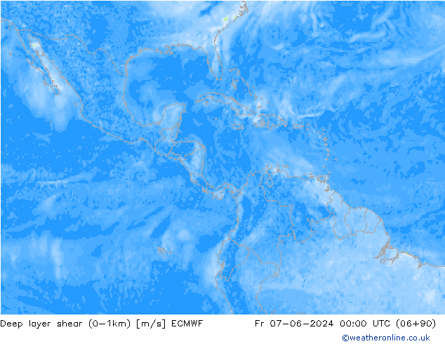 Deep layer shear (0-1km) ECMWF Cu 07.06.2024 00 UTC