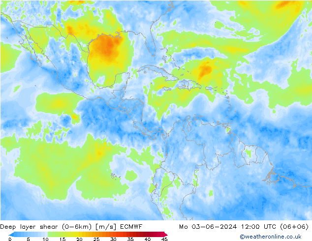 Deep layer shear (0-6km) ECMWF lun 03.06.2024 12 UTC