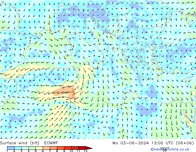 Viento 10 m (bft) ECMWF lun 03.06.2024 12 UTC