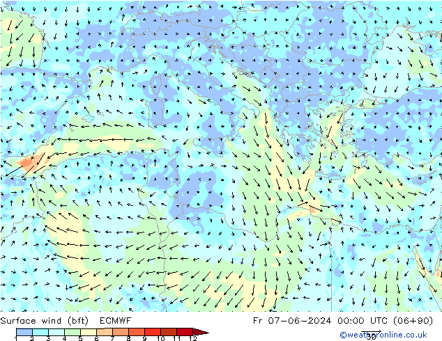  10 m (bft) ECMWF  07.06.2024 00 UTC