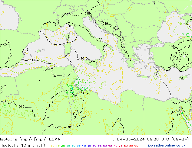 Isotachen (mph) ECMWF Di 04.06.2024 06 UTC