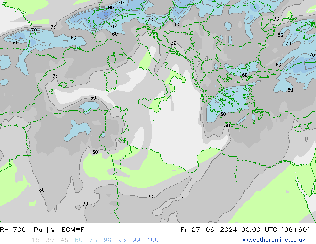 RH 700 hPa ECMWF ven 07.06.2024 00 UTC