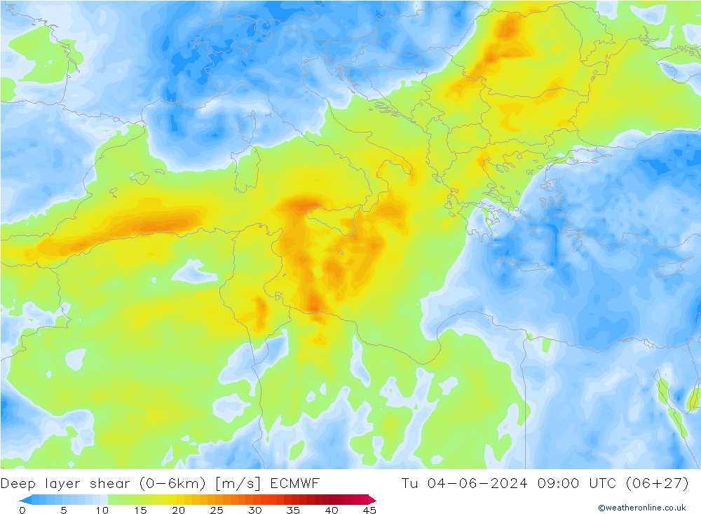 Deep layer shear (0-6km) ECMWF вт 04.06.2024 09 UTC