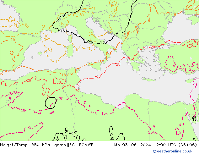 Hoogte/Temp. 850 hPa ECMWF ma 03.06.2024 12 UTC