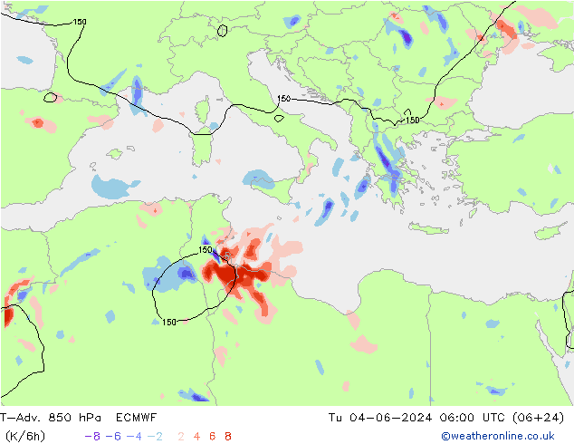 T-Adv. 850 hPa ECMWF di 04.06.2024 06 UTC