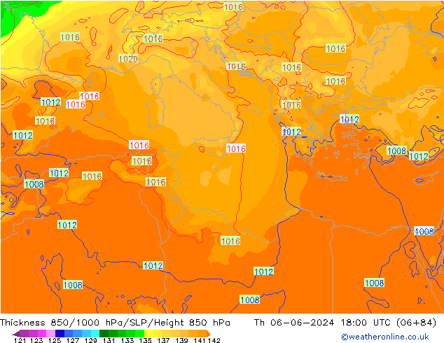 Dikte 850-1000 hPa ECMWF do 06.06.2024 18 UTC