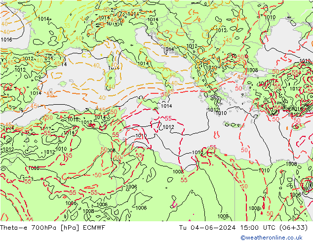 Theta-e 700hPa ECMWF Ter 04.06.2024 15 UTC