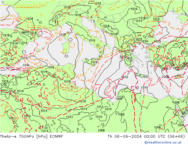 Theta-e 700hPa ECMWF Čt 06.06.2024 00 UTC