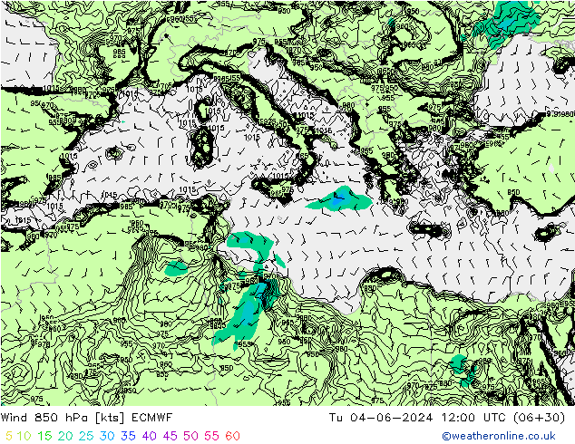 Wind 850 hPa ECMWF Tu 04.06.2024 12 UTC