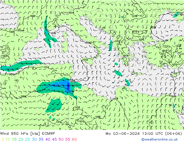 Prec 6h/Wind 10m/950 ECMWF lun 03.06.2024 12 UTC