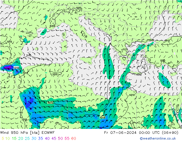 Viento 950 hPa ECMWF vie 07.06.2024 00 UTC