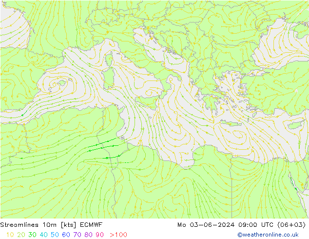 Streamlines 10m ECMWF Mo 03.06.2024 09 UTC